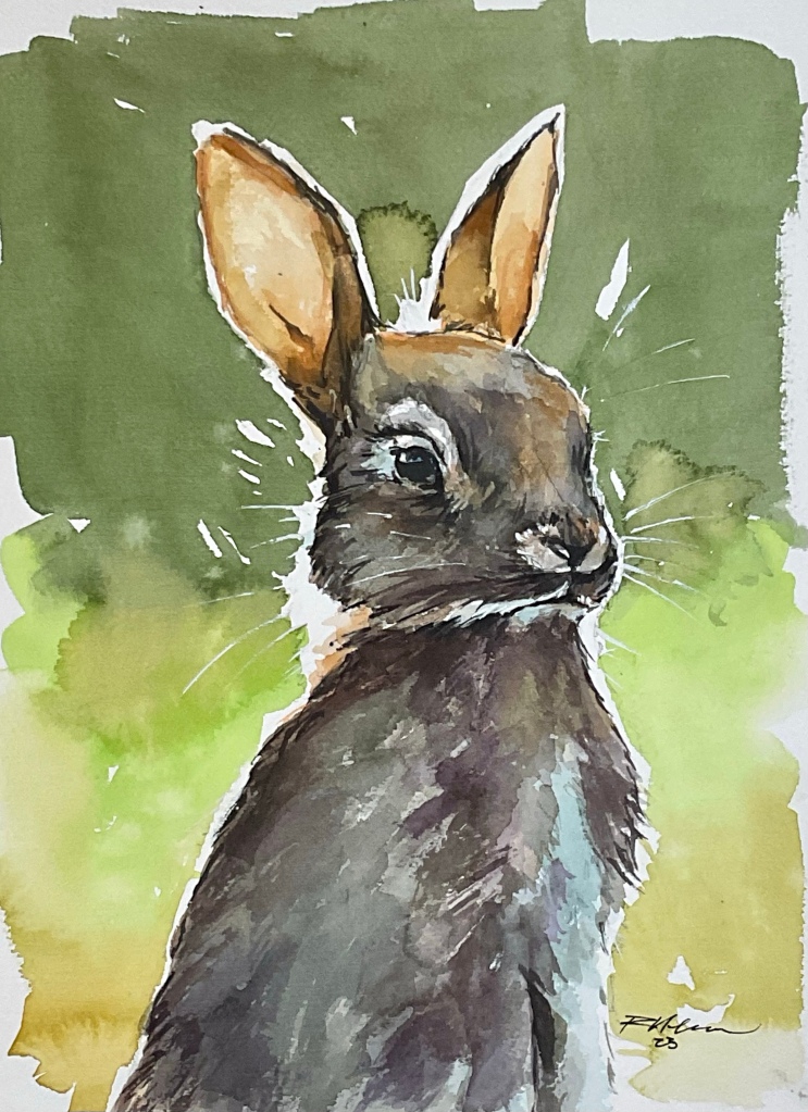 Watercolor painting of a young rabbit.